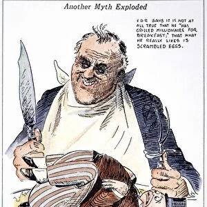 Another Myth Exploded. American cartoon, 1938, by Quincy Scott commenting on President Franklin D. Roosevelts supposed antagonism towards the rich