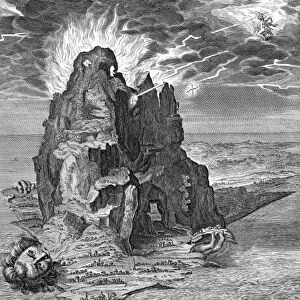 MYTHOLOGY: TYPHON. The giant Typhon buried under Mt. Aetna for stealing Zeuss thunderbolts. Copper engraving, French, 18th century