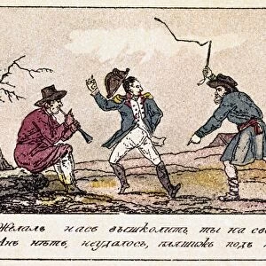 NAPOLEON: RUSSIAN CAMPAIGN. Cossacks making Boney (Napoleon) dances. Contemporary Russian cartoon