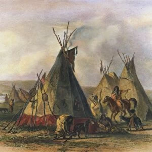 NATIVE AMERICAN LODGES. Skin lodges of an Assiniboin chief near Fort Union on the Missouri River