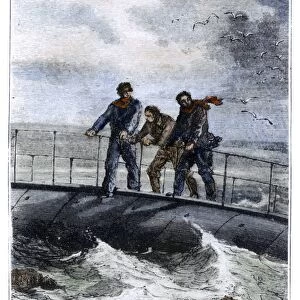 The Nautilus aground in the Torres Straits. Wood engraving after a drawing by Alphonse de Neuville from an 1870 edition of Jules Vernes Twenty Thousand Leagues Under the Sea