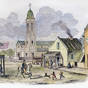 NEW ORLEANS, c1850. Street scene in front of St. Augustines Church in New Orleans, Louisiana. Wood engraving, c1850