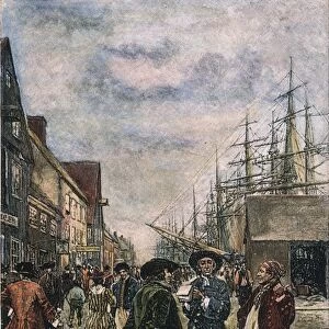 NEW YORK, 18th CENTURY. Along the waterfront in old New York: illustration after Howard Pyle