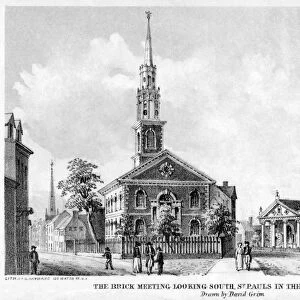 NEW YORK: CHURCHES, 1800. The Brick Meeting House at Nassau and Beekman Street(left) and St