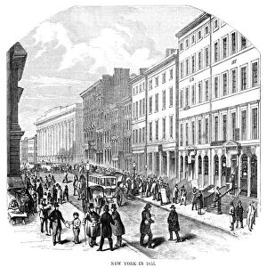 NEW YORK CITY, 1855. View of Wall Street, looking toward Broadway, in New York City