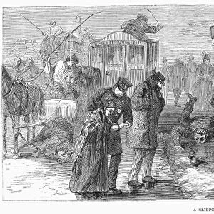 NEW YORK CITY: WINTER. A slippery day in New York City. American newspaper engraving, 1868