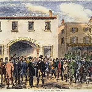 NEW YORK: ELECTION, 1864. Outside a polling place in a fashionable ward of New York City on presidential election day, 8 November 1864: contemporary colored engraving