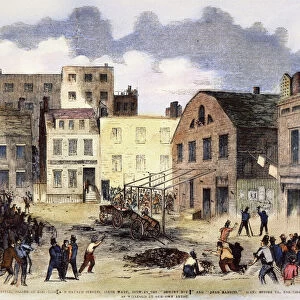 NEW YORK GANG WAR, 1857. Battle between the Bowery Boys and the Dead Rabbits, two New York gangs, at the corner of Elizabeth and Bayard Streets, 4 July 1857. Wood engraving from a contemporary American newspaper