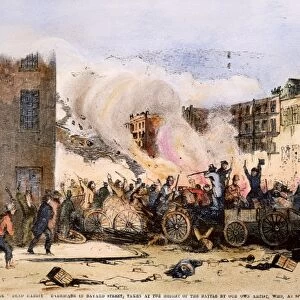 NEW YORK GANG WAR, 1857. View from the Dead Rabbit barricade in Bayard Street as the Rabbits battled the Bowery Boys on 4 July 1857 in New Yorks Sixth Ward. Wood engraving from a contemporary American newspaper