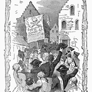 NEW YORK: STAMP ACT, 1765. A demonstration against the Stamp Act in New York City, 1 November 1765. Wood engraving, American, c1850