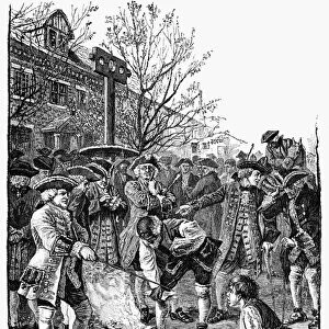 NEW YORK: STAMP ACT, 1765. New Yorkers protesting the Stamp Act by burning stamps in a bonfire. Line engraving, 19th century