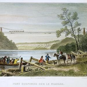NIAGARA FALLS BRIDGE. The International Railway Suspension Bridge over the Niagara River: line engraving, French, mid-19th century