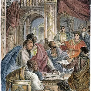 NICAEA COUNCIL, 325 A. D. The 1st Ecumenical Council, convoked by Emperor Constantine, in Nicaea (modern Iznik, Turkey), in 325 A. D. Wood engraving, 19th century