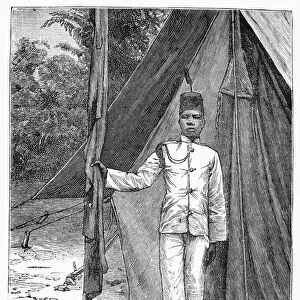 NYASALAND: CONSULAR STAFF. Standard bearer of the consular staff at Nyasaland, the British-controlled territory along Lake Malawi, Africa. Line engraving, 1889