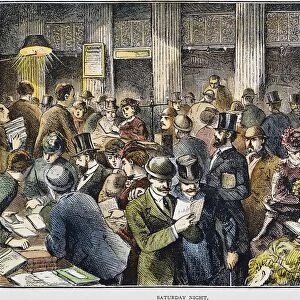 NYC: MERCANTILE LIBRARY. Saturday night in the New York Mercantile Library in 1871. Color wood engraving