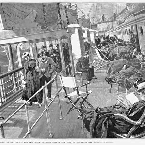 OCEAN LINER DECK, 1888. The promenade deck of The City of New York, the Inman Lines new ocean liner, the largest and most luxurious passenger ship of its day. Line engraving after Thure de Thulstrup, 1888
