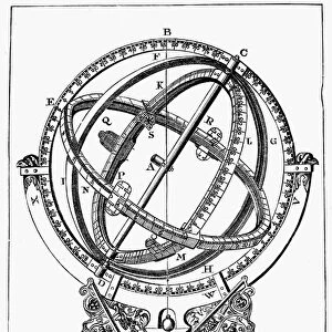 An old instrument with sights for roughly marking the positions of the celestial bodies before the invention of the sextant. Line engraving