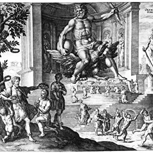 OLYMPIA: ZEUS. The giant statue of Zeus at Olympia, where the Olympic games were held, one of the seven wonders of the ancient world. Engraving from Works by Crispjin van der Passe, early 17th century