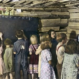 ONE-ROOM SCHOOLHOUSE. One-room schoolhouse at Breathitt County, Kentucky. Oil over photograph