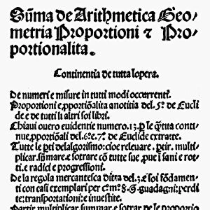 PACIOLI: TEXTBOOK, 1494. Part of the title page of Fra Luca Paciolis Summa de arithemetica