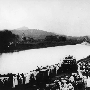 PANAMA CANAL: GAMBOA DIKE. U. S. President Woodrow Wilson remotely triggers the