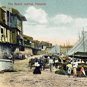 PANAMA CITY: BEACH MARKET. The fish market in Panama City, Panama, on the Pacific Ocean. Postcard, c1910