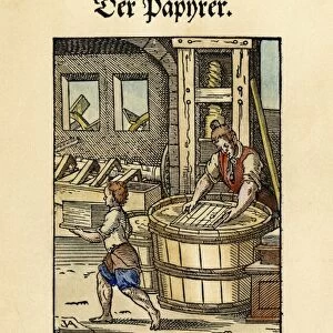 PAPER MAKER, 1568. The Paper maker, in his water-driven mill, makes smooth white