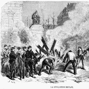 PARIS COMMUNE, 1871. Burning the guillotine in the Place Voltaire. Wood engraving from a contemporary French newspaper