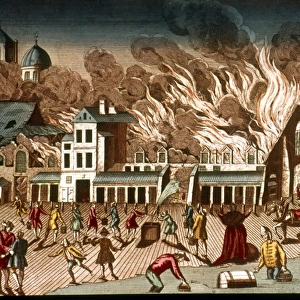 PARIS FIRE, 1762. Fire at the St. Germain market, Paris, 1762: contemporary French engraving