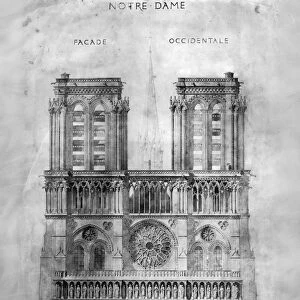 PARIS: NOTRE DAME, 1848. The western facade of Notre Dame cathedral in Paris, France. Wash drawing by Eugne Viollet-le-Duc, who led the restoration of the cathedral, which began in 1845