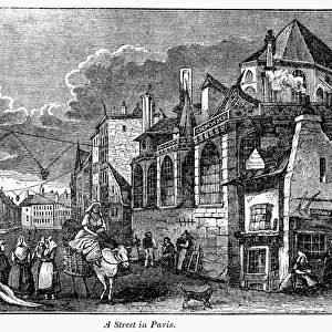 PARIS: STREET, 1830s. An ancient street on the Left Bank in Paris, France, near the Pont Neuf and the River Seine. Wood engraving, American, from Samuel Griswold Goodrichs A Pictorial Geography of the World, c1840