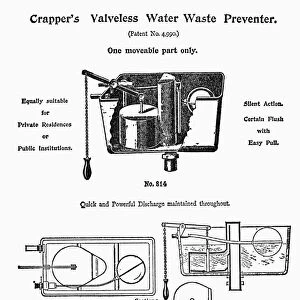 Patent drawing for Thomas Crappers sanitary innovation, the Water Waste Preventer, 1880s
