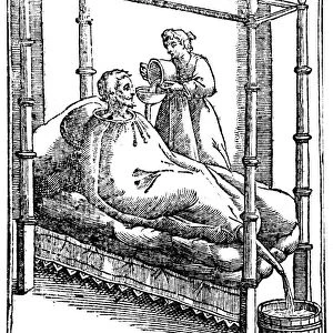 A patient in a balloon-like bag designed to reduce fevers. Woodcut, 1646
