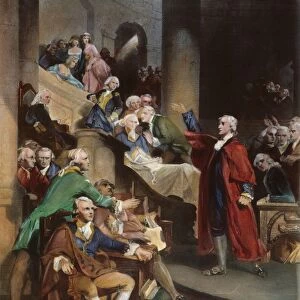 Patrick Henry speaking in the Virginia House of Burgesses, May 1765. Steel engraving after the painting by Peter Frederick Rothermel (1817-1895)