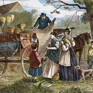 PEDDLERs WAGON, 1868. American colored engraving, 1868
