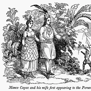 PERU: INCA RULER AND WIFE. Incan Emperor Manco Capac and his wife, Ocllo, first appearing to the Peruvians. Wood engraving, American, 1848