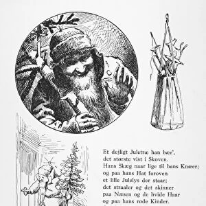 PETERS JUL, c1870. Father Christmas arriving with the Christmas tree at Peters house. Engraved illustrations from Peters Jul (Peters Christmas), a Danish childrens story published at Copenhagen, c1870