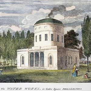 PHILADELPHIA WATER WORKS. The Water Works in Centre Square, Philadelphia (where City Hall now stands), designed by Benjamin Latrobe in 1799: engraving, 1800, by William Birch & Son