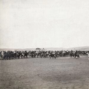 PINE RIDGE: CATTLE, 1891. A long row of Lakota Sioux men preparing to rope cattle