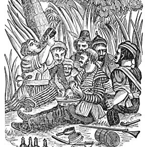 PIRATE CREW. The crew of Captain Bartholomew Roberts, known as Black Bart, celebrating a successful raid on the Guinea Coast of Africa in the early 18th century. Woodcut, early 19th century