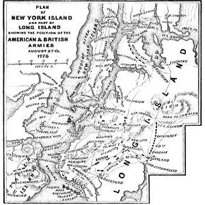 Plan of the positions of the British and American armies in New York, Long Island and Staten Island, 27 August 1776. Wood engraving, American, 1852