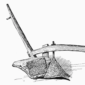 PLOUGH, 1706. Colonial plough with wooden moldboard at the State Agricultural Museum, Albany, New York. Wood engraving, American, 1889