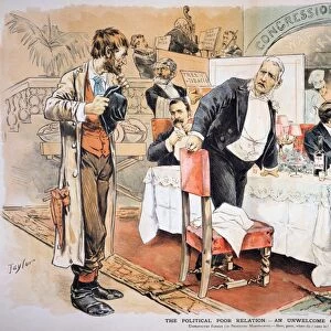 POPULIST MOVEMENT. American cartoon by C. Jay Taylor, 1888, of the unprotected farmer as The Political Poor Relation, unwelcome at the table of protected monopolists
