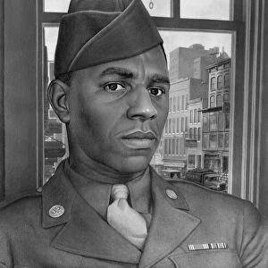 Portrait of an African American soldier during World War II. Painting by Robert S. Sloan, 1945