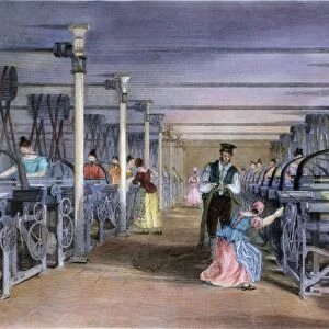 POWER LOOM, 1834. Power Loom weaving of cotton cloth in a textile mill: colored engraving, 1834