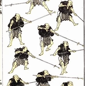 The practice spears bear padded tips and each samurai has tucked up his kimono, a precaution taken whenever trouble seemed imminent. Woodblock print, 1817, from the Manga of Katsushika Hokusai