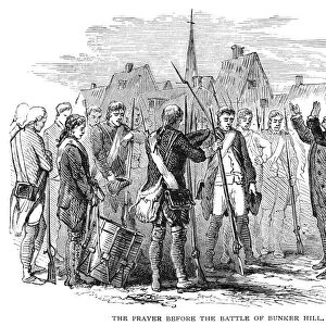 The prayer before the Battle of Bunker Hill. Wood engraving, 19th century