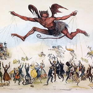 President Andrew Jackson as a diabolical puppet-master hovering over and pulling the strings attached to a crowd of political office-seekers: American cartoon, 1834