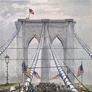 President Chester Alan Arthur and his party walking across the Brooklyn Bridge during the opening day ceremonies on 24 May 1883: contemporary colored engraving