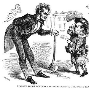 PRESIDENTIAL CAMPAIGN, 1860. An American cartoon published, 1860, in New York showing Abraham Lincoln, the Republican candidate who in his youth had been a fence-rail splitter, consoling the Democratic candidate Stephen A. Douglas, wearing Kansas as a feather in his hat